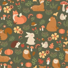 Sierkussen Dieren patronen Vector seamless fall pattern with forest animals and plants  © Inna