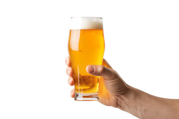 Weizen glassware male hand holding filled with beer , alcohol isolated on transparent background.