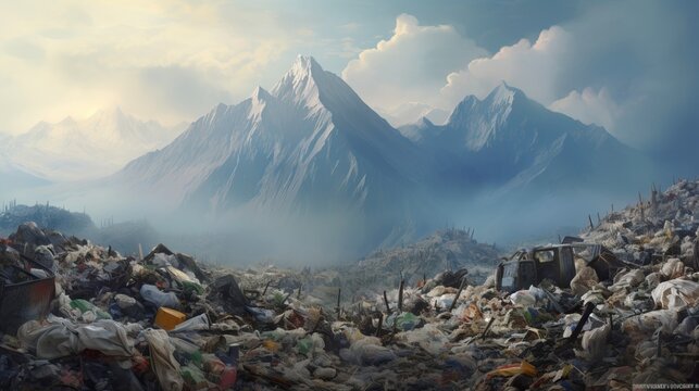 Painting-style illustration portraying a landfill before a majestic mountain range, symbolizing the ecological crisis