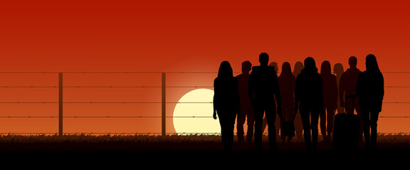 Immigration. Silhouettes of people near perimeter fence with barbed wire at sunset, illustration