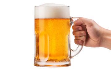 Right hand of men holding beer mug by handle on transparent background.