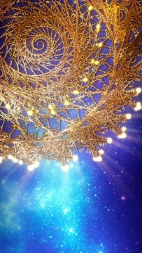 Gold filigree spiral fractal sacred geometry decorative art growing over blue stars space background. The last 8 seconds are loopable. Vertical video.