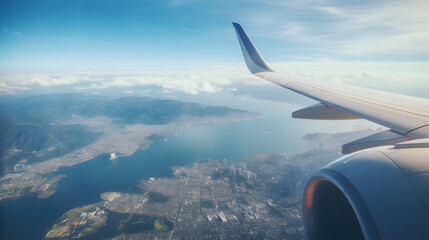 Aerial shot from an airplane window, capturing the sprawling cityscape below during takeoff