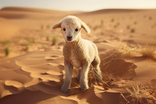 AI generated image of lost lamb on desert