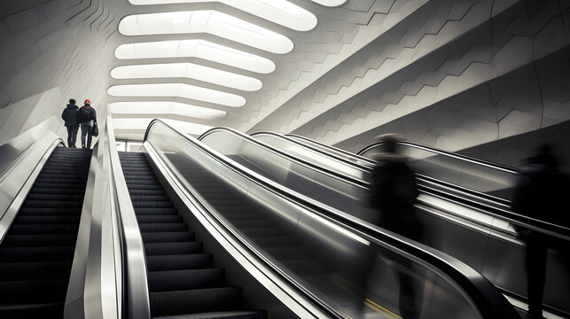 Abstract long exposure blurred shot of commuters riding an escalator in a metro station - Powered by Adobe