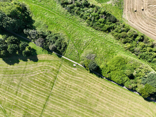 aerial view looking down on the patterns of fields and hedges