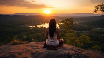 A woman is meditating on the edge of a cliff with a very beautiful view of the mountains at sunset. Woman sitting on the edge of a mountain cliff