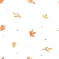 Seamless pattern with childish autumn plants twigs leaves. Cute illustration for child textiles, design.
