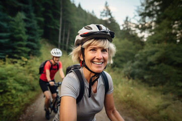 Fototapeta na wymiar AI generated image of senior female on bicycle in forest