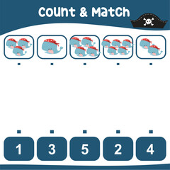 Count and match together a cute whale wears pirate bandana with the number. Counting game pirates theme and match with numbers. Educational printable math worksheet. Math game for children. 