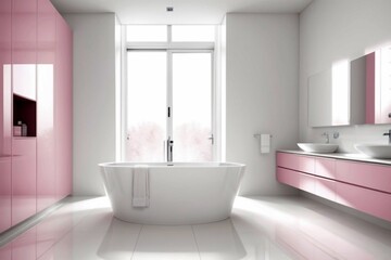 Minimalist and modern bathroom interior design with a pink and white theme. Luxury and modern interior design background