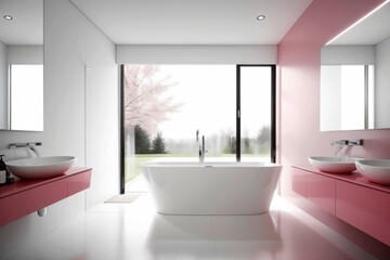 Fototapeta na wymiar Minimalist and modern bathroom interior design with a pink and white theme. Luxury and modern interior design background