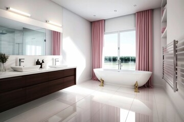 Minimalist and modern bathroom interior design with a pink and white theme. Luxury and modern interior design background