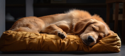 Golden retriever dog taking a nap on pet bed. Concept of Canine relaxation, pet nap time, cozy pet bed, golden retriever's rest, furry companion, peaceful sleep, dog's comfort.
