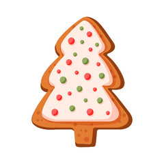 Gingerbread cookie Christmas tree in cartoon style. Holiday winter symbol, festive treats, christmas cookies. Winter homemade sweets in shape of Christmas tree. Vector illustration isolated on a white