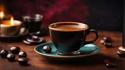 A cup of black espresso on marron background, cup of coffee, cup of coffee and coffee beans, cup of coffee with coffee beans, cup of coffee and cacao beans, cup of coffee with cacao beans on table © The Artist