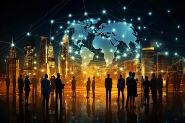 A diverse group of individuals posing in front of a world map, symbolizing global unity and collaboration created with Generative AI technology