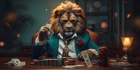 Stylish lion in a luxurious suit at the gaming table in the casino. Concept of gambling and rich life - obrazy, fototapety, plakaty