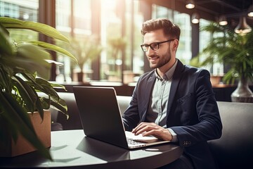 Fototapeta premium A man working on a laptop at a table created with Generative AI technology