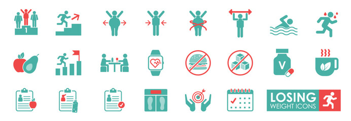 Losing weight icon set. Solid icons vector collection. Contains a healthy lifestyle, healthy eating, diet, exercise, and a checklist.