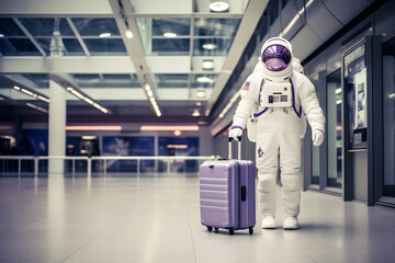 Astronaut in space suit with purple travel suitcase goes on a plane flight at the airport, space...