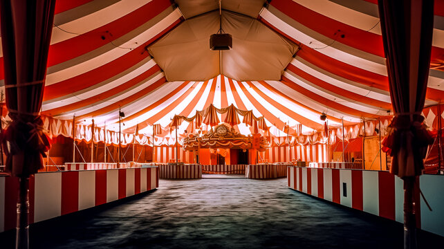 Entr&eacute;e des artiste pour le spectacle de cirque sous chapiteau rouge et blanc