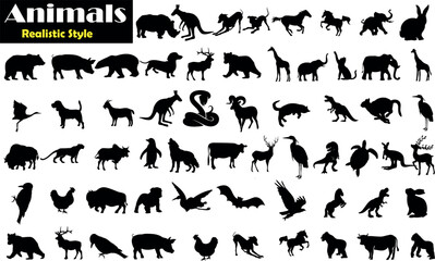Animal Silhouette or Logo Collection isolated on white background. Lion, Elephant, Tiger, Giraffe, Cheetah, Bear, Gorilla, Zebra, Kangaroo, Penguin, Wolf. Fully customizable vector illustrations