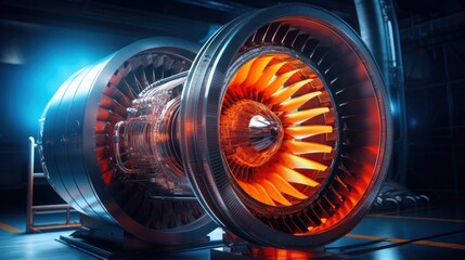 Glowing turbine engine the jet plane. Generative AI