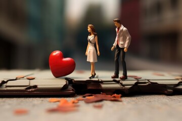 A figurine of a man and a woman standing on a broken laptop. Digital image. Broken heart.
