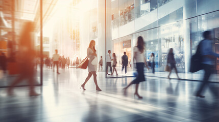 Fototapeta premium Blurred background featuring a modern shopping mall with various shoppers. Fashionable women are observing a showcase, captured with motion blur. Shoppers carrying shopping bags. Generative AI