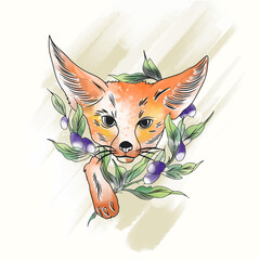 Watercolor fox with sprouts and olive berries in doodle