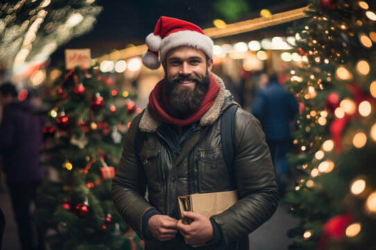 AI generated image of male with beard on Christmas market