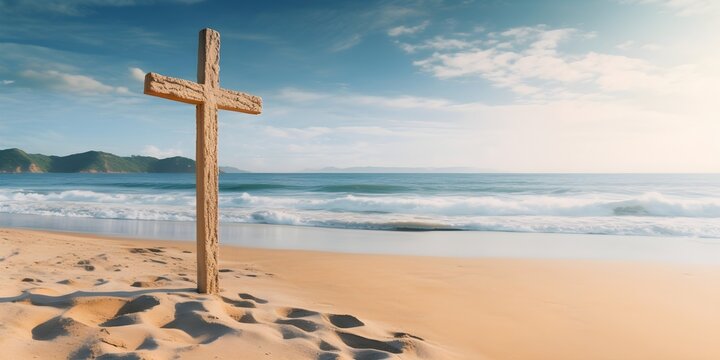 Jesus Christ cross. Easter, resurrection concept. Christian cross on a background with dramatic lighting, colorful beach sunset, bright clouds and sky. Generative AI