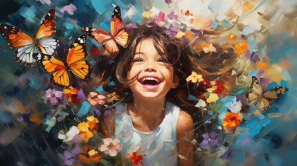 Child with fantasy flowers field garden and colorful butterflies background. Generative AI
