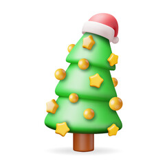 3D Christmas Tree Decorated with Gold Balls, Santa Hat, Golden Star. Render Spruce, Evergreen Tree. Greeting Card, Festive Poster, Party Invitations. New Year. Realistic Vector Illustration