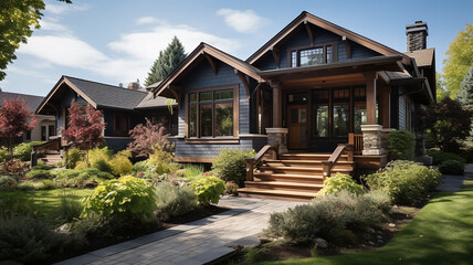 Gray craftsman new construction house with a landscaped yard - ai generative