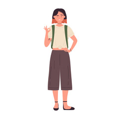 Student girl shows okay gesture. Standing pose of university pupil vector illustration