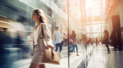 Blurred background featuring a modern shopping mall with various shoppers. Fashionable women are observing a showcase, captured with motion blur. Shoppers carrying shopping bags. Generative AI