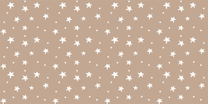 White stars on kraft paper background, seamless texture for gift wrapping, abstract childish starry vetor graphic pattern