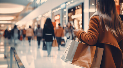 Blurred background featuring a modern shopping mall with various shoppers. Fashionable women are observing a showcase, captured with motion blur. Shoppers carrying shopping bags. Generative AI