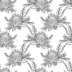 Black and white seamless pattern with line art protea flowers. Monochrome tropical floral background.