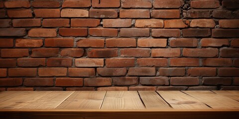 Minimalist elegance. Empty room with wood and brick accents. Vintage Old wooden table and bricks wall set scene. Creative spaces. Designing with blocks backdrops