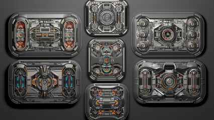 Set of detailed cyber mechanisms or robotic engine props and futuristic energy cells. Complex machine boards and generators. Abstract technology isolated on grey background. 3d rendering