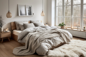 Modern style bedroom interior warm and cozy with wooden decoration, Cozy beige tone stylish, furniture, comfortable bed, Minimal decor design background, with Generative Ai.