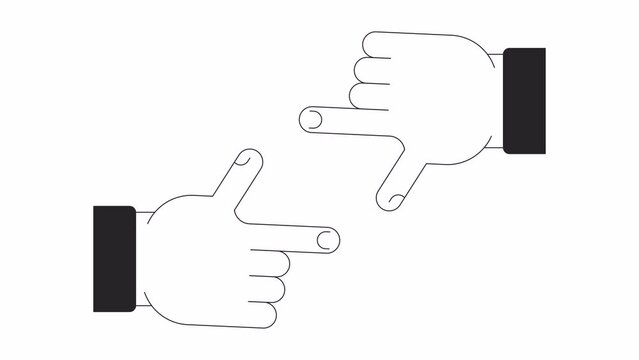 Finger framing bw outline 2D character hands animation. Focus gesture. Perspective monochrome linear cartoon 4K video. Cropping, inspiration animated person body parts isolated on white background