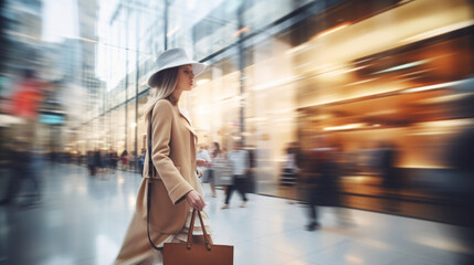 Blurred background featuring a modern shopping mall with various shoppers. Fashionable women are observing a showcase, captured with motion blur. Shoppers carrying shopping. Generative AI - obrazy, fototapety, plakaty
