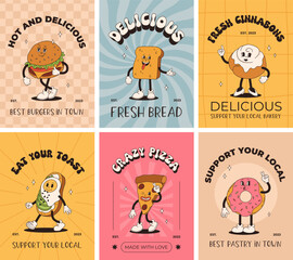 Vector cartoon retro mascot of bread, pastry, burger, sandwich. Vintage style 70s, 60s, 50s character. Groovy poster for bakery and restaurants