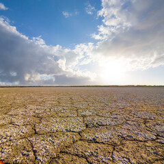 dry cracked earth at the sunset, natural disaster landscape