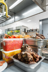 Stainless steel food trays on counter in professional kitchen