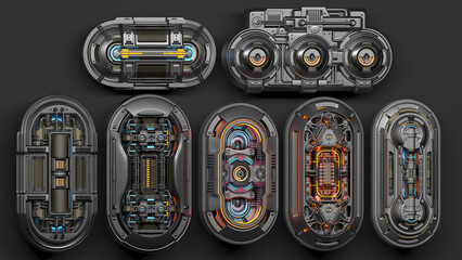 Set of detailed cyber mechanisms or robotic engine props and futuristic energy cells. Complex machine boards and generators. Abstract technology isolated on grey background. 3d rendering